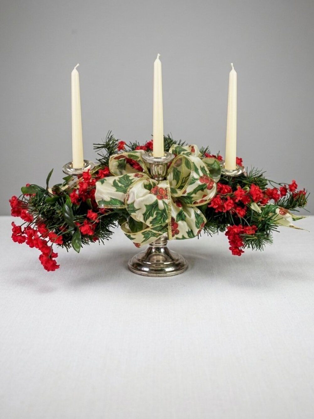 VTG Silver Plated 3 Light Candelabra Christmas Centerpiece Floral Arrangement